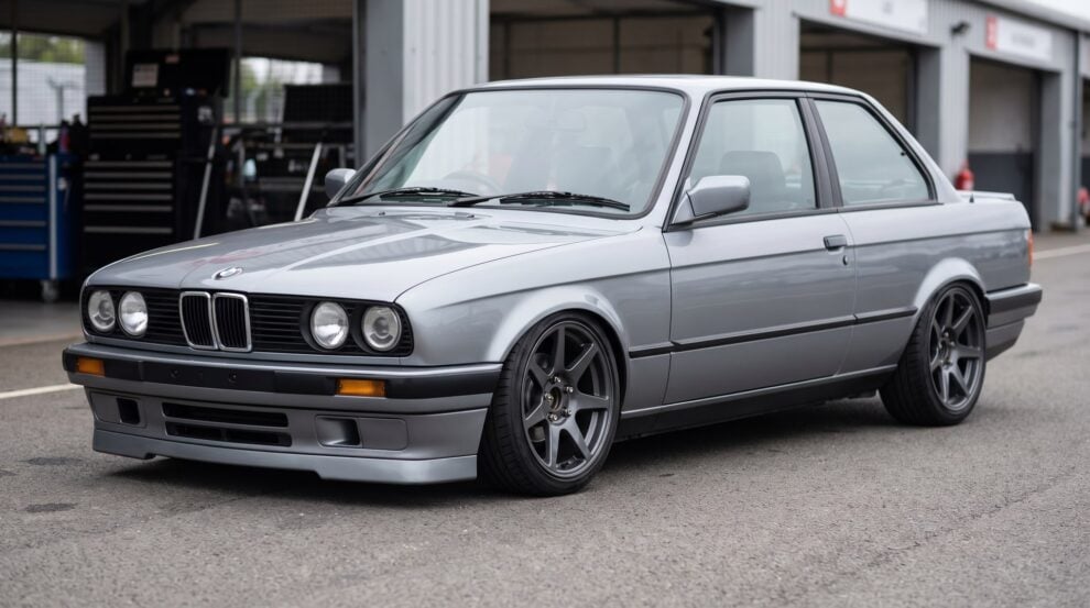 BMW E30 3 Series on coilovers in the pit lane, silver grey body, dark alloy wheels, low stance