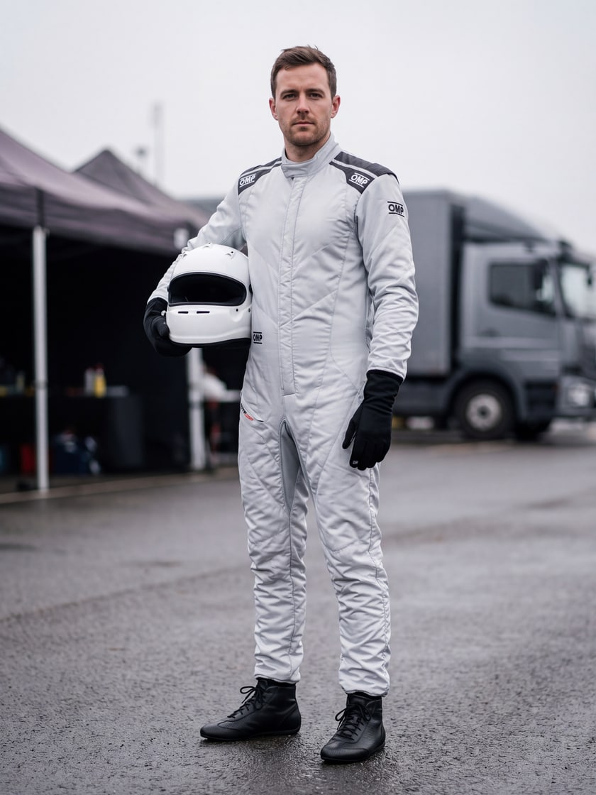 Driver wearing the OMP One-Evo Air Race Suit in Silver with OMP One Evo X Boots and Gloves