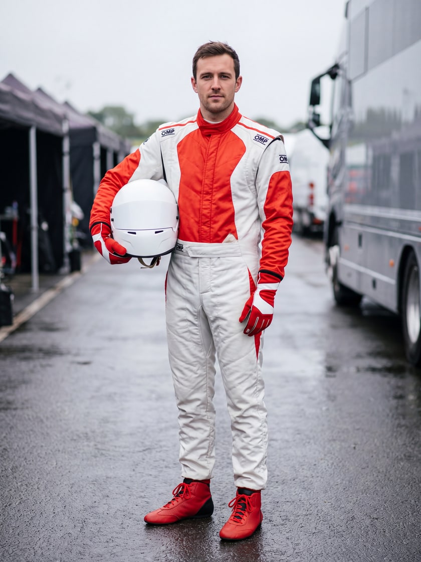 Driver wearing the OMP One-S Air Race Suit in Red and White with OMP One Evo X Boots and Gloves