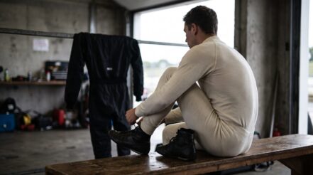 Racing driver in white fireproof base layer lacing up race boots in a pit garage