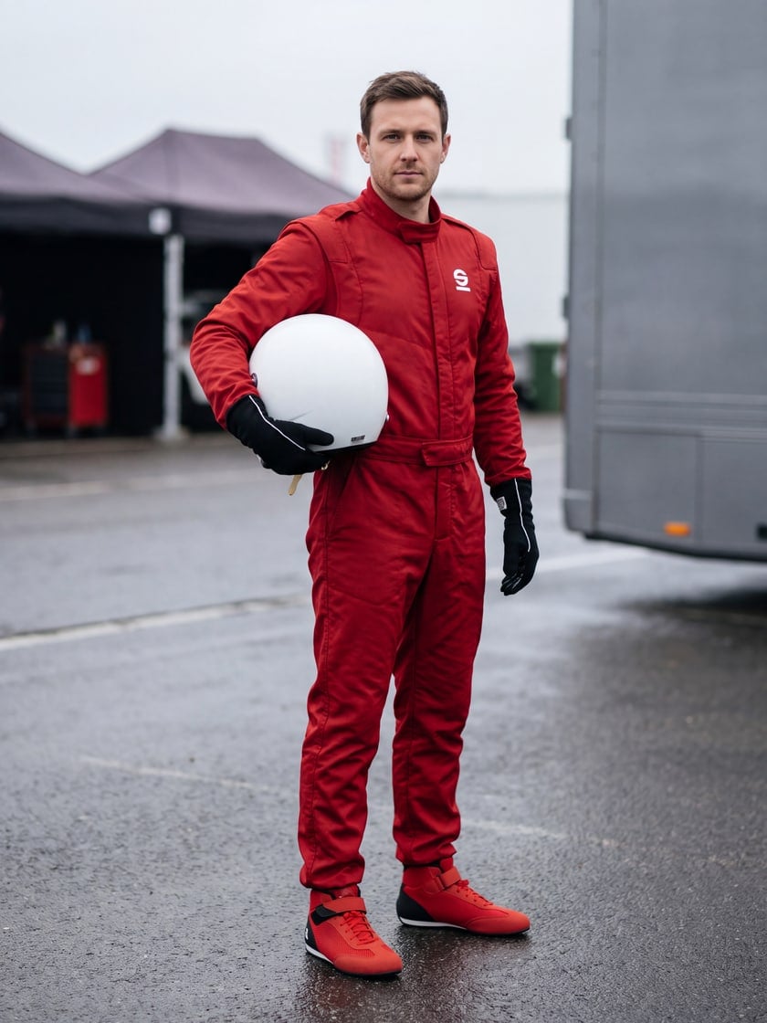 Driver wearing Sparco Futura Race Suit in Red with Rapid Boots and Futura Gloves